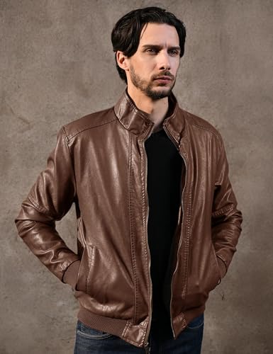Men's Genuine Leather Jacket Slim Fit Motorcyle Coat Brown