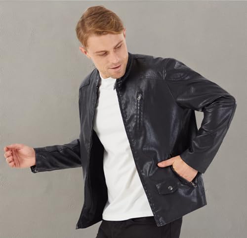 Men's Stand Collar Genuine Leather Jacket Motorcycle