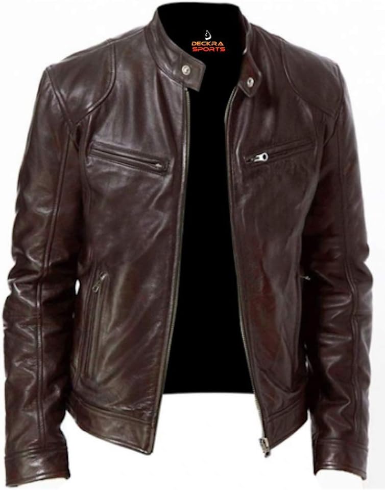 Mens Genuine Leather Jacket Cowhide Motorbike Motorcycle Moto-Jacket Real Leather Black/Brown