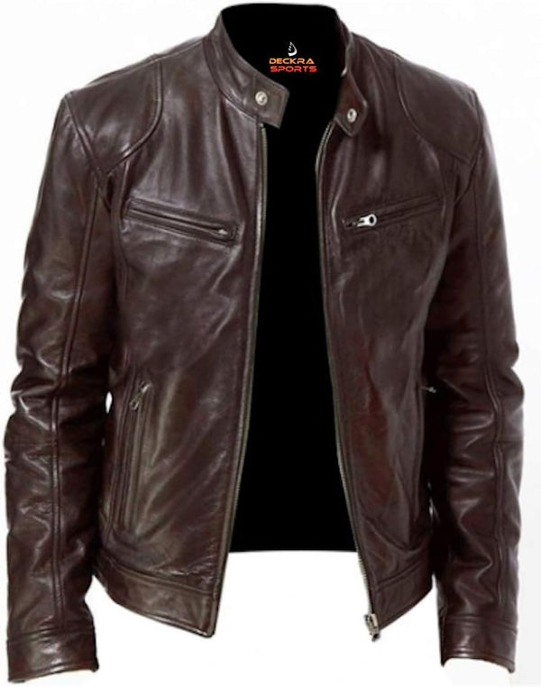 Mens Genuine Leather Jacket Cowhide Motorbike Motorcycle Moto-Jacket Real Leather Black/Brown