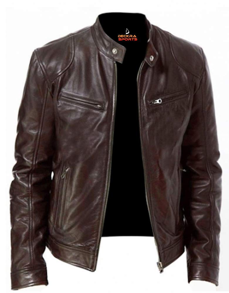 Mens Genuine Leather Jacket Cowhide Motorbike Motorcycle Moto-Jacket Real Leather Black/Brown