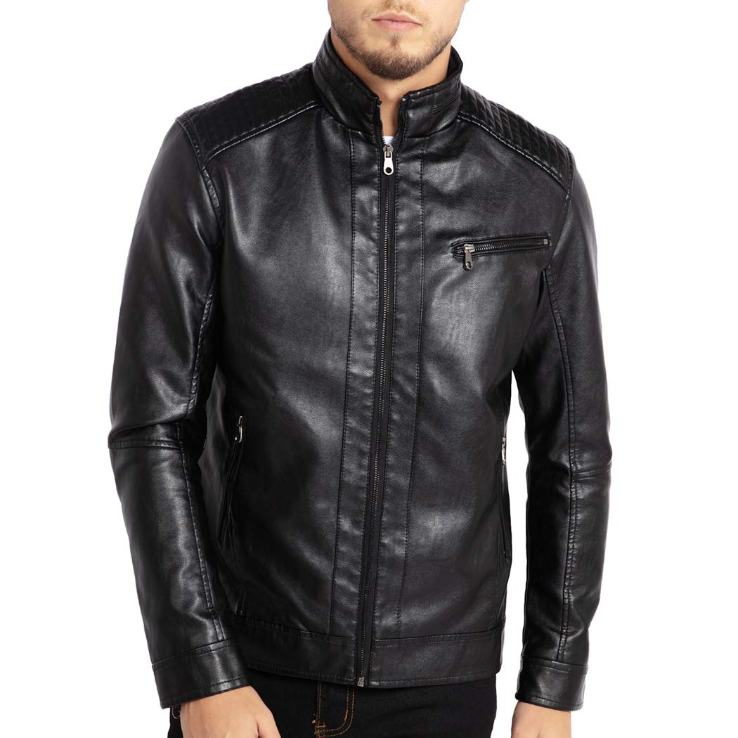 Men's Stand Collar Genuine Leather Jacket Motorcycle