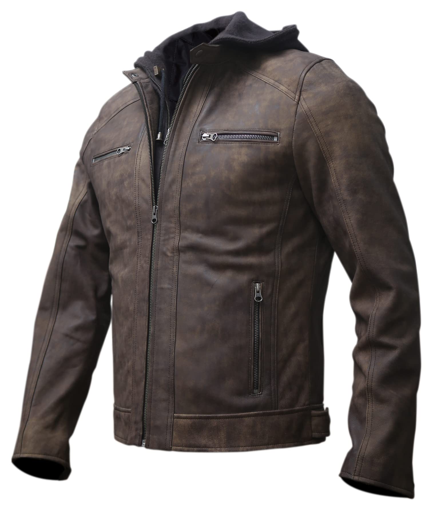 Artistry Mens Genuine Lambskin Leather Motorcycle Jacket with Removable Hood in Black Brown