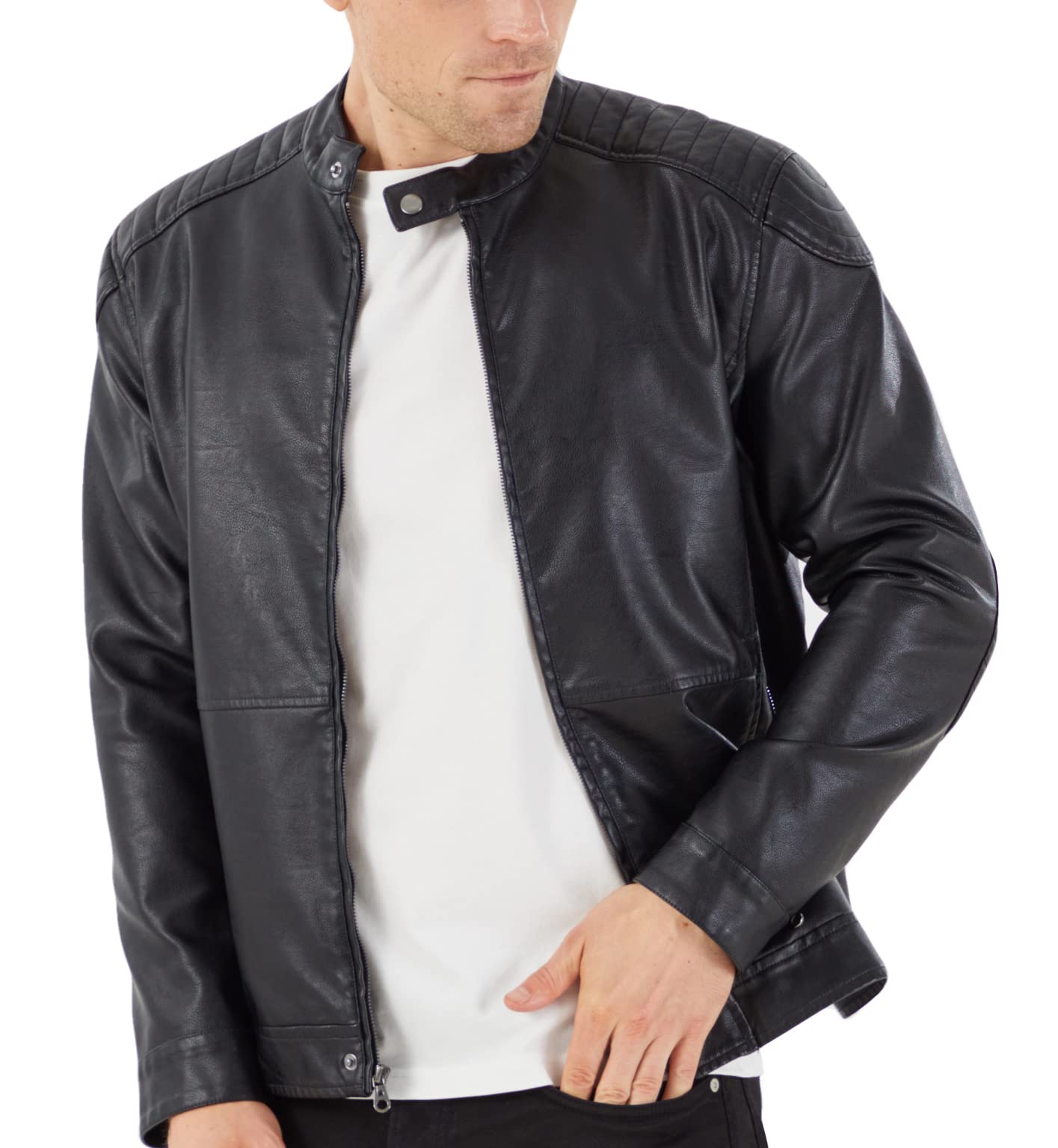 Men's Stand Collar Genuine Leather Jacket Motorcycle