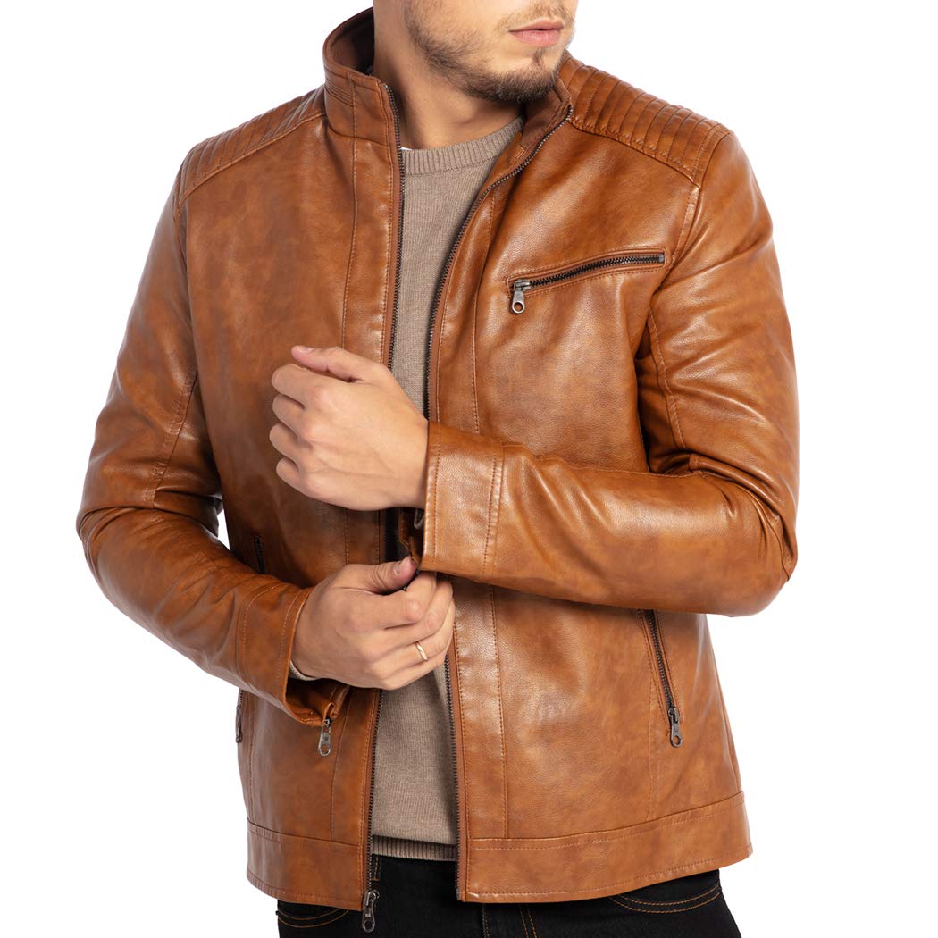 Men's Stand Collar Genuine Leather Jacket Motorcycle