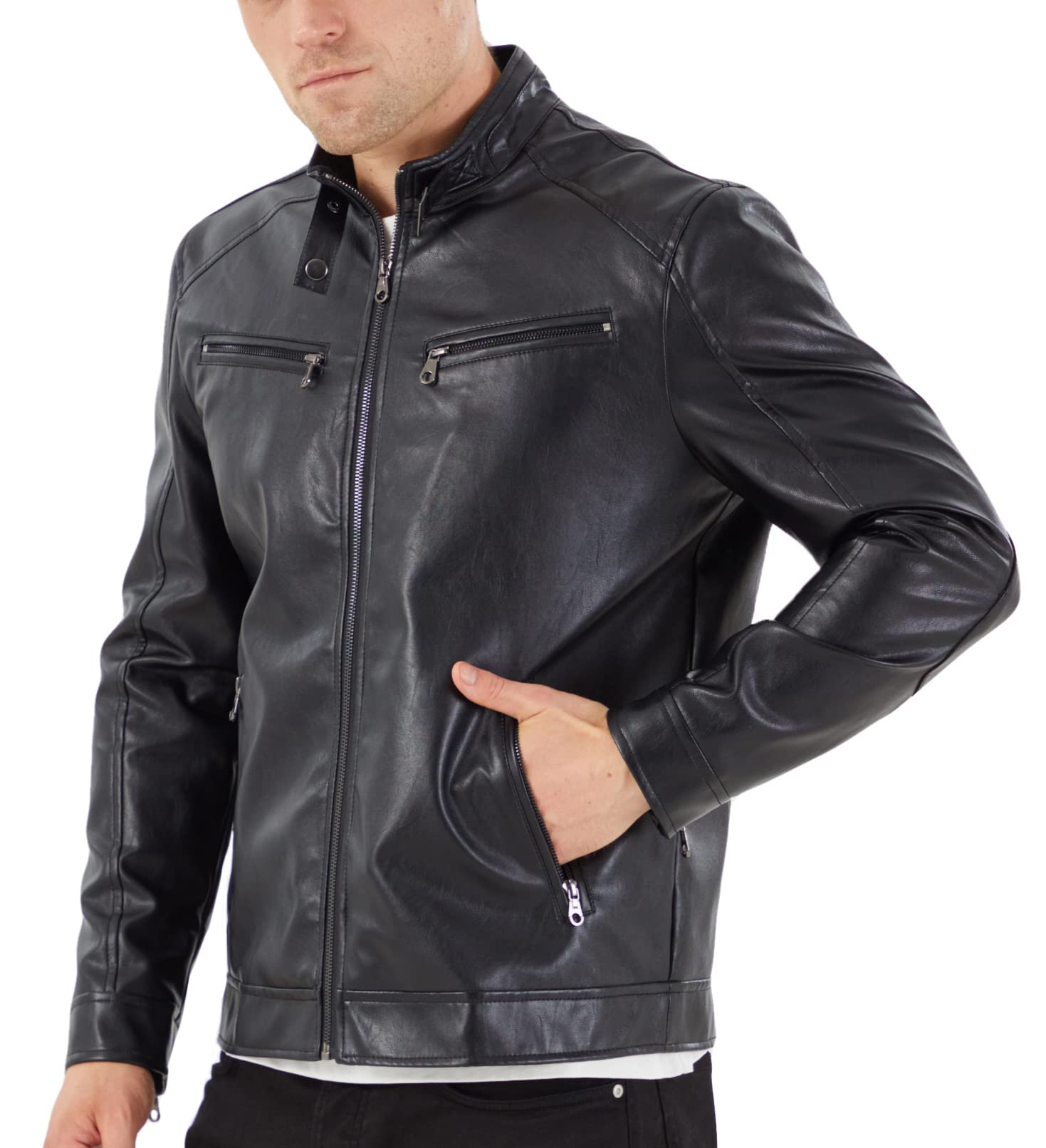 Men's Stand Collar Genuine Leather Jacket Motorcycle