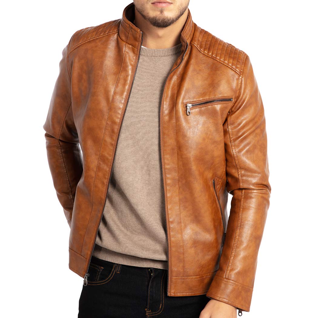 Men's Stand Collar Genuine Leather Jacket Motorcycle