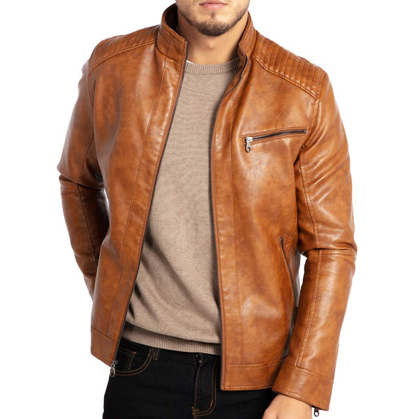 Men's Stand Collar Genuine Leather Jacket Motorcycle