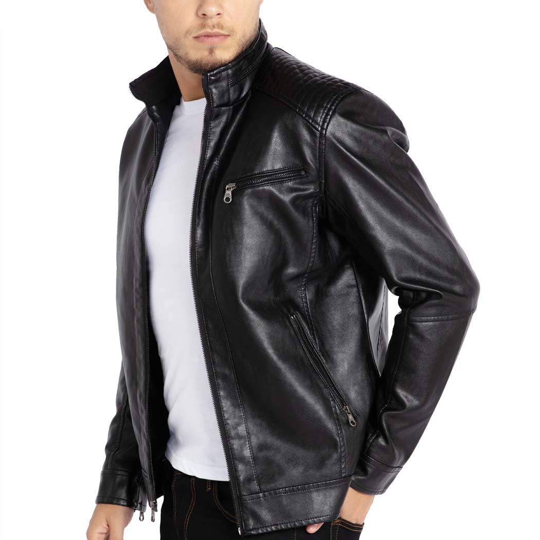 Men's Stand Collar Genuine Leather Jacket Motorcycle