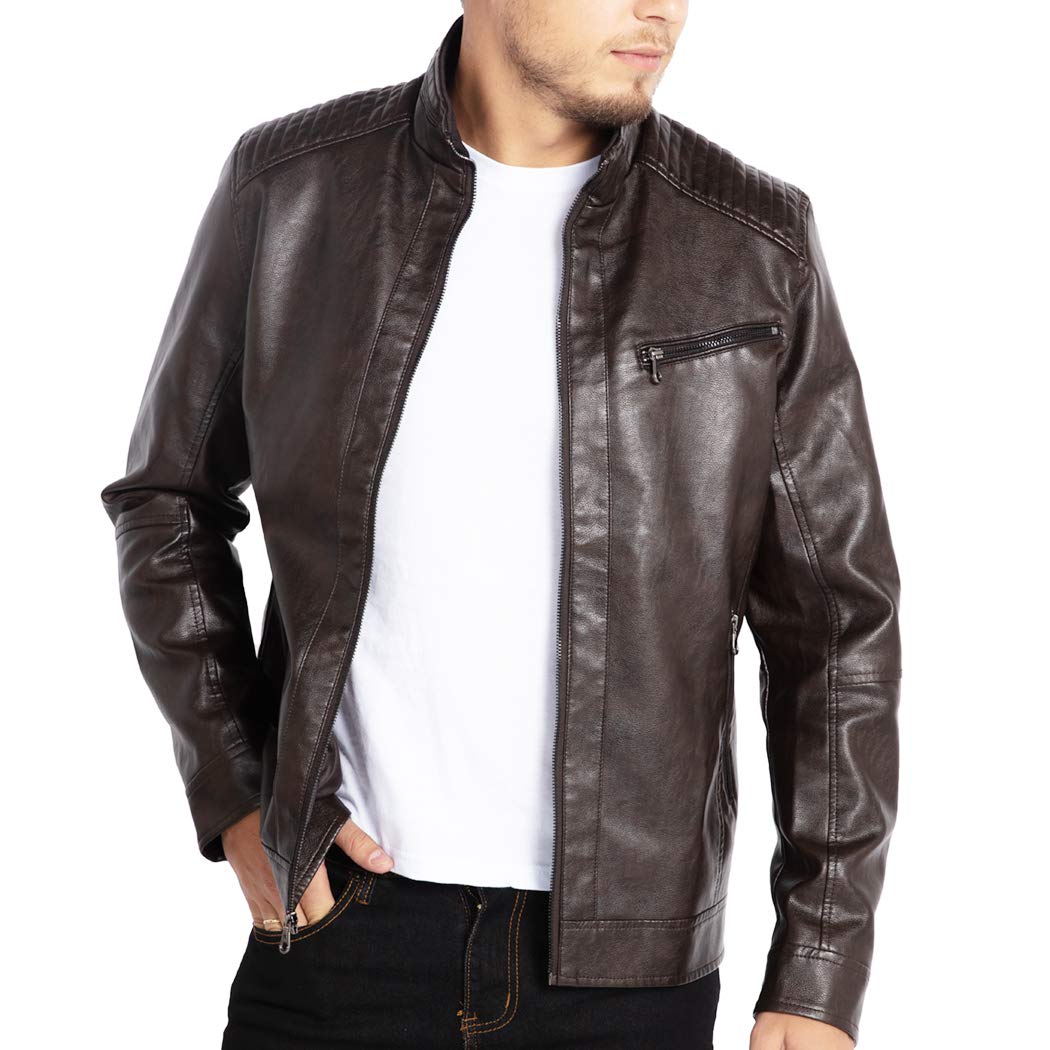 Men's Stand Collar Genuine Leather Jacket Motorcycle