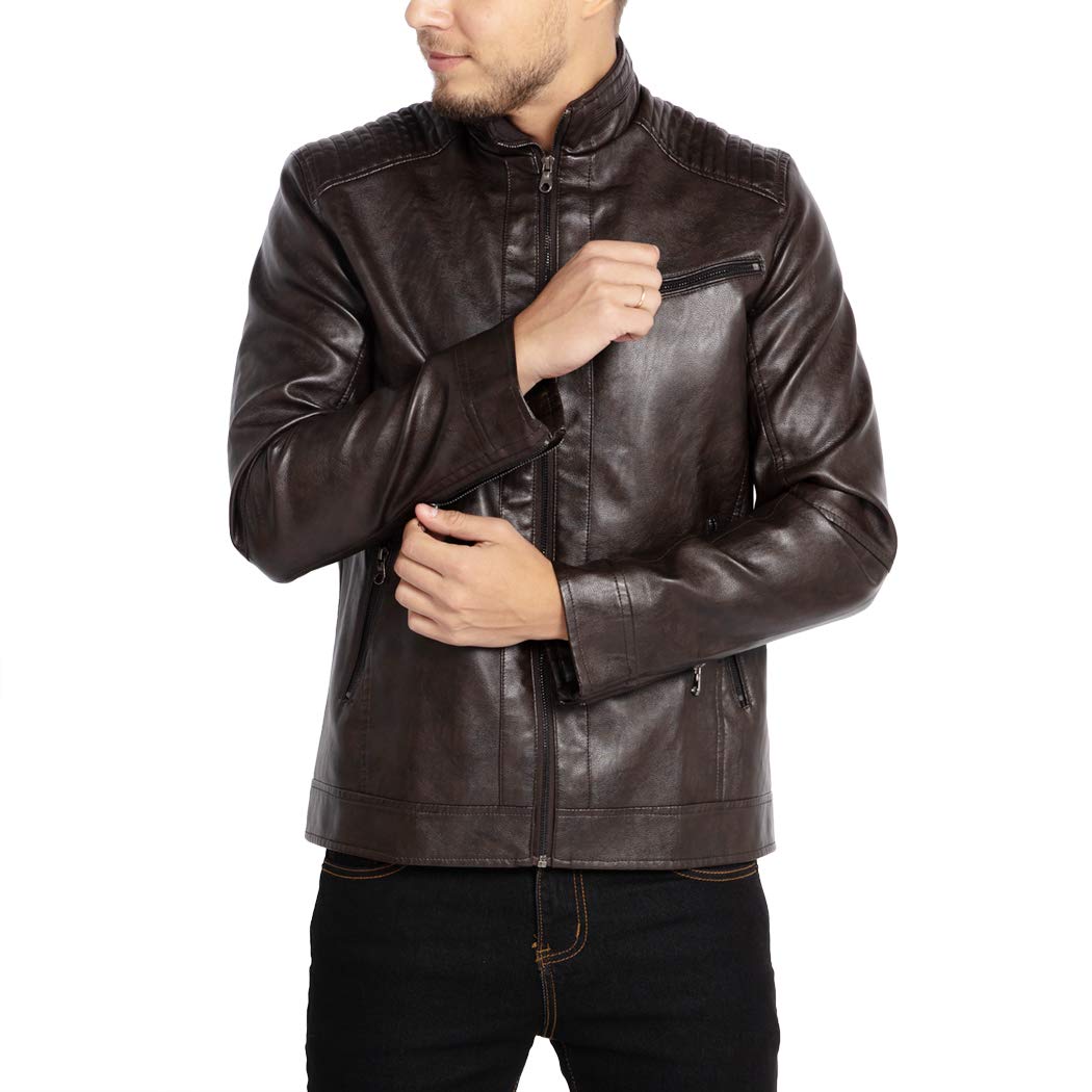 Men's Stand Collar Genuine Leather Jacket Motorcycle