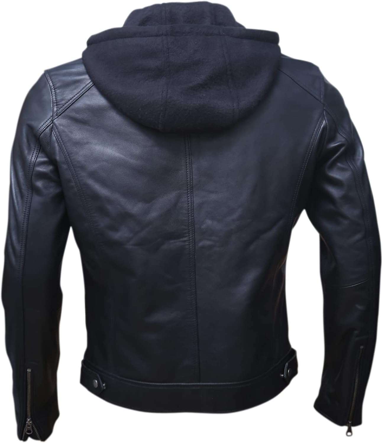 Artistry Mens Genuine Lambskin Leather Motorcycle Jacket with Removable Hood in Black Brown
