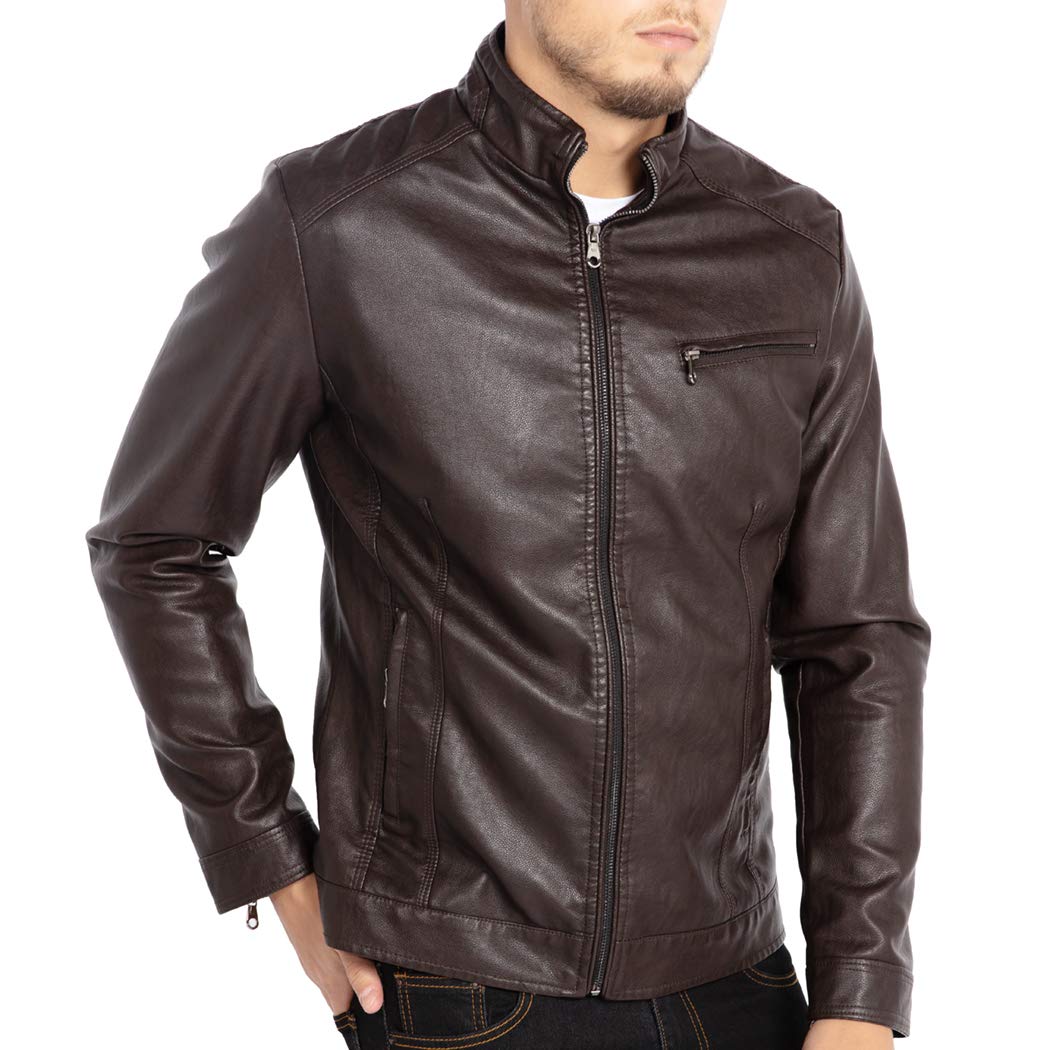 Men's Stand Collar Genuine Leather Jacket Motorcycle