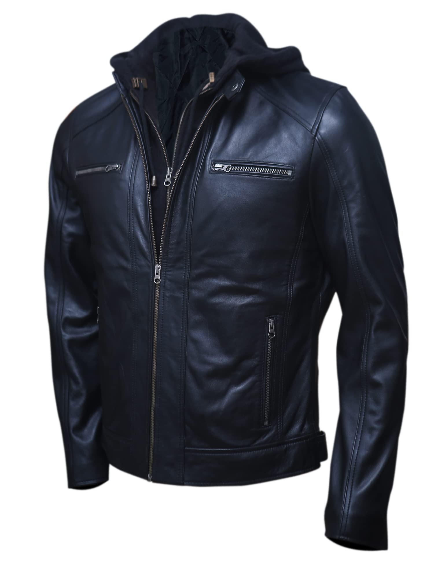 Artistry Mens Genuine Lambskin Leather Motorcycle Jacket with Removable Hood in Black Brown