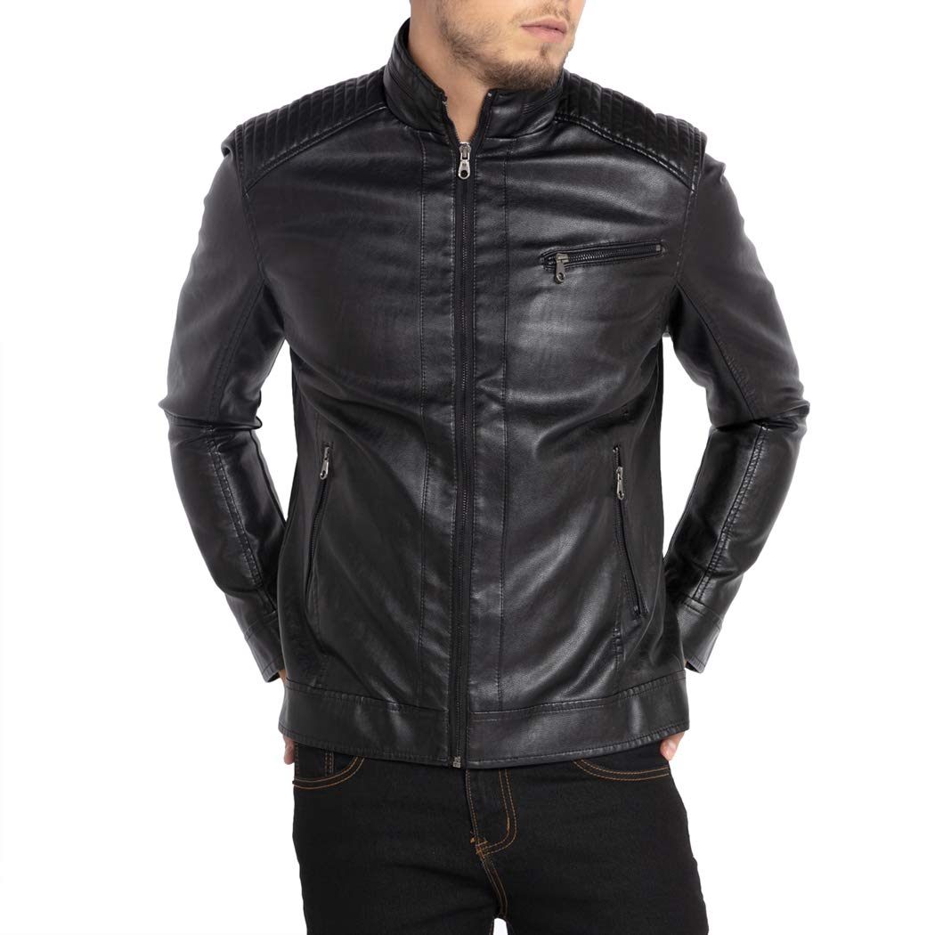 Men's Stand Collar Genuine Leather Jacket Motorcycle