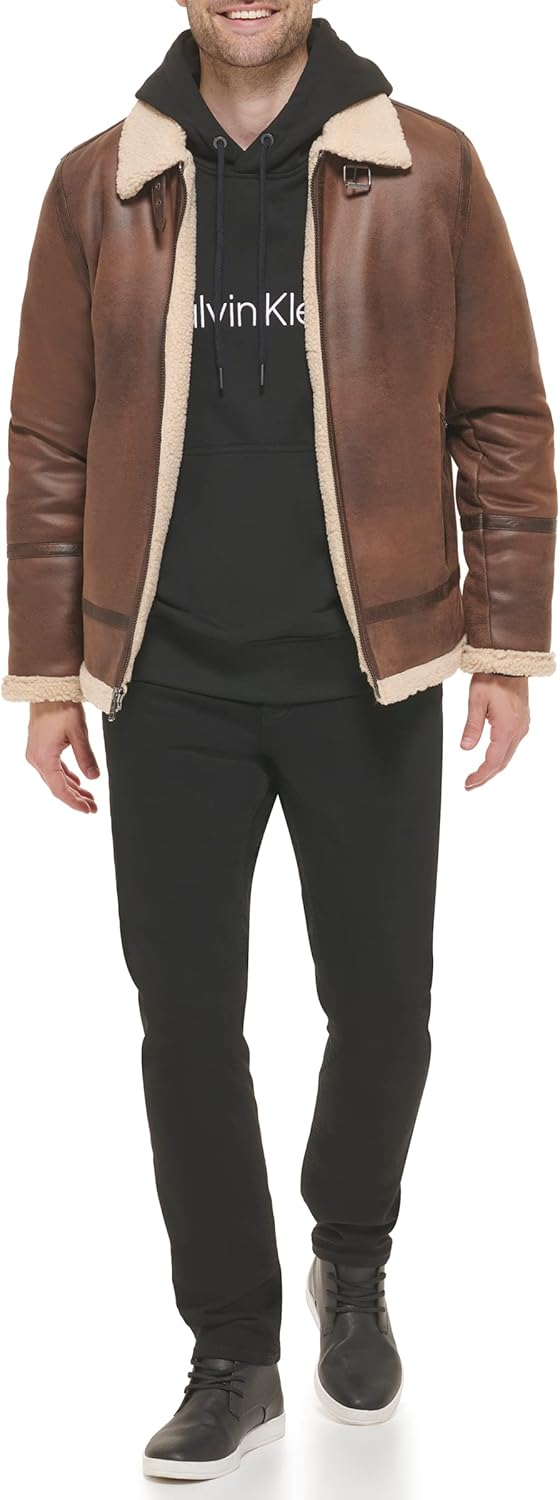 Calvin Klein Mens Faux Leather Jacket Men - Bomber Jacket With Shearling Lining
