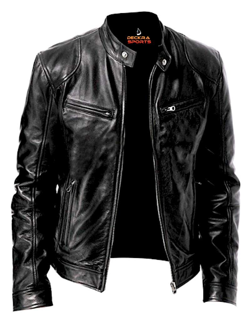 Mens Genuine Leather Jacket Cowhide Motorbike Motorcycle Moto-Jacket Real Leather Black/Brown