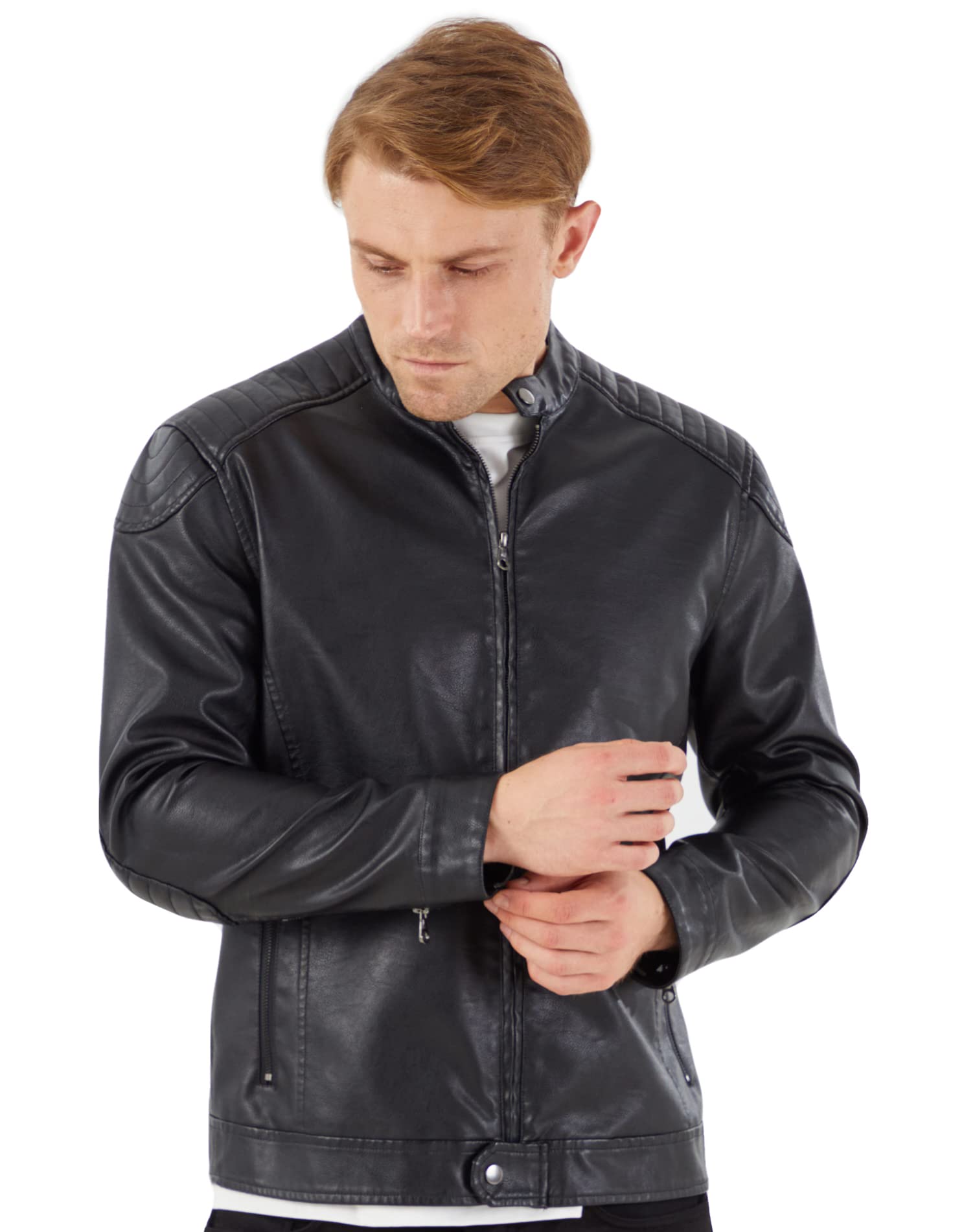 Men's Stand Collar Genuine Leather Jacket Motorcycle