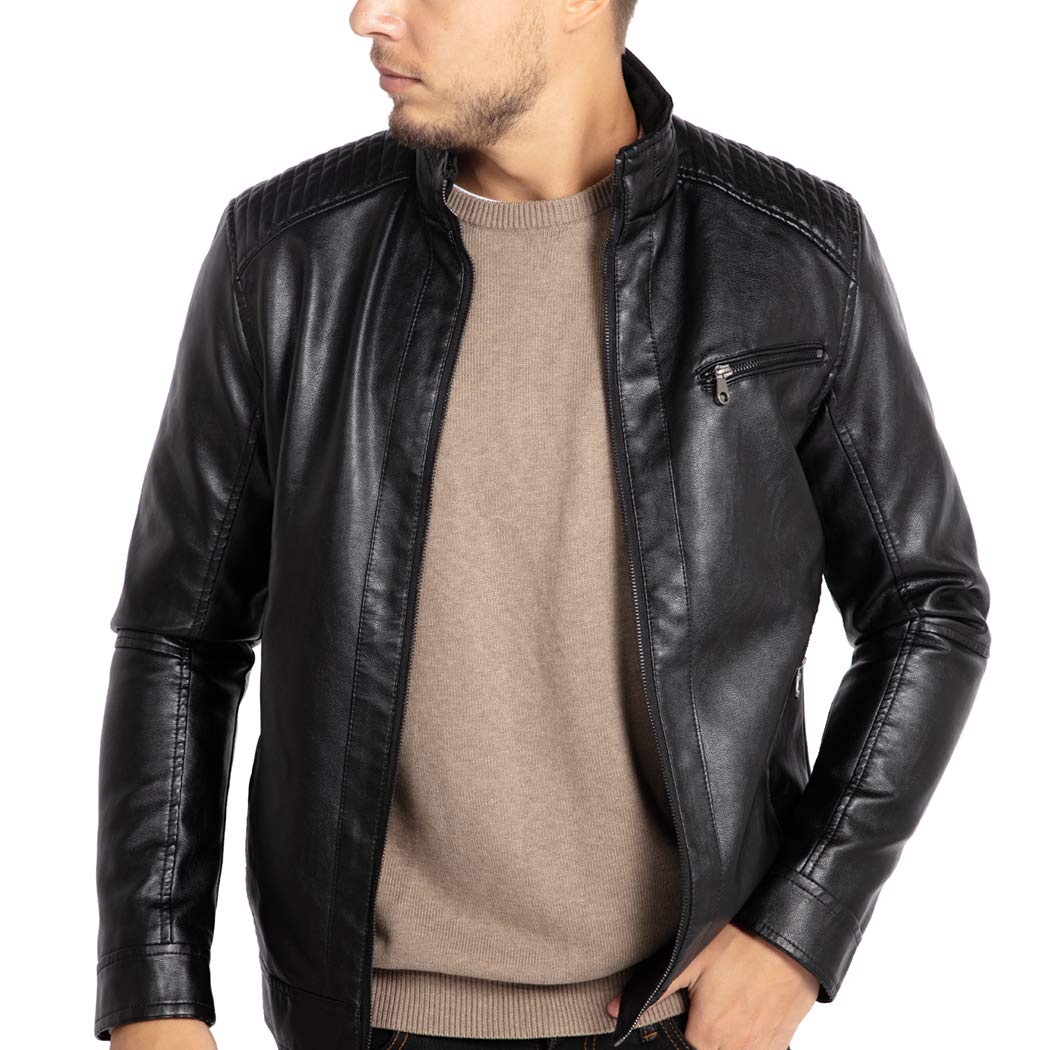 Men's Stand Collar Genuine Leather Jacket Motorcycle