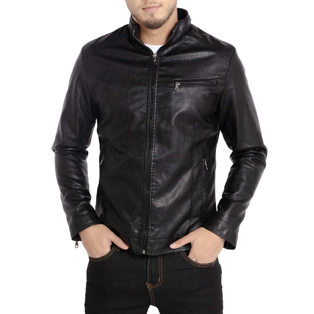 Men's Stand Collar Genuine Leather Jacket Motorcycle
