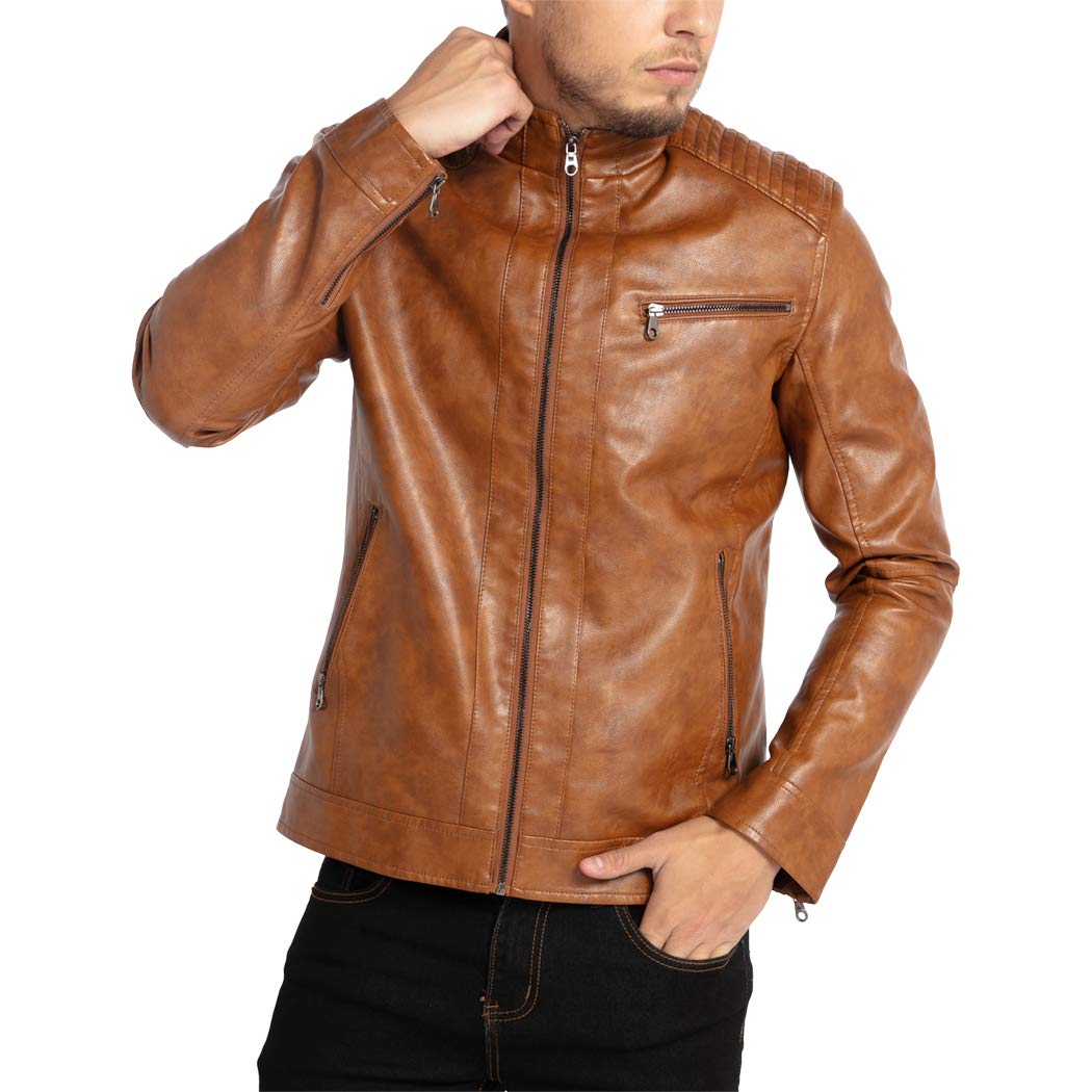 Men's Stand Collar Genuine Leather Jacket Motorcycle