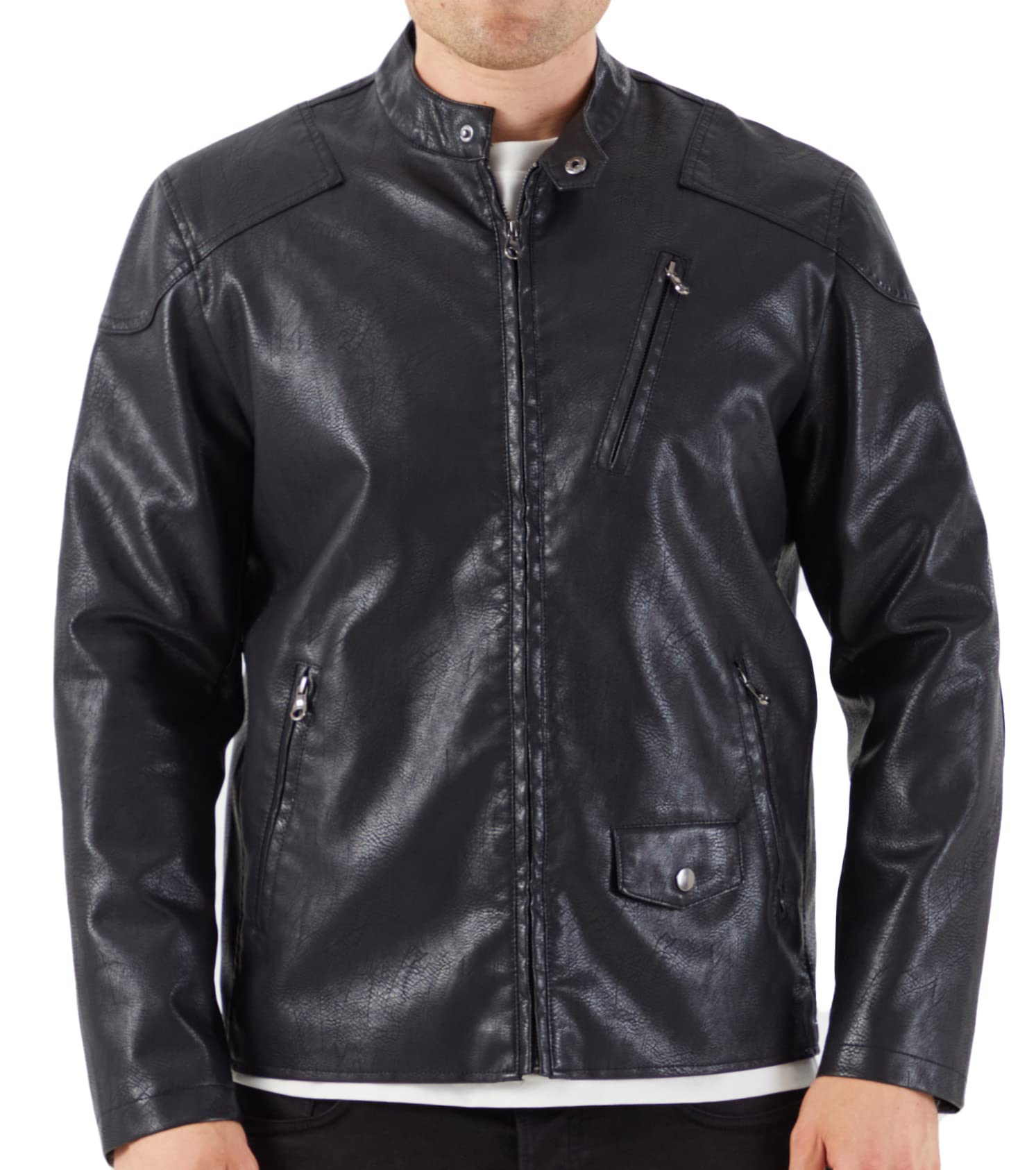 Men's Stand Collar Genuine Leather Jacket Motorcycle