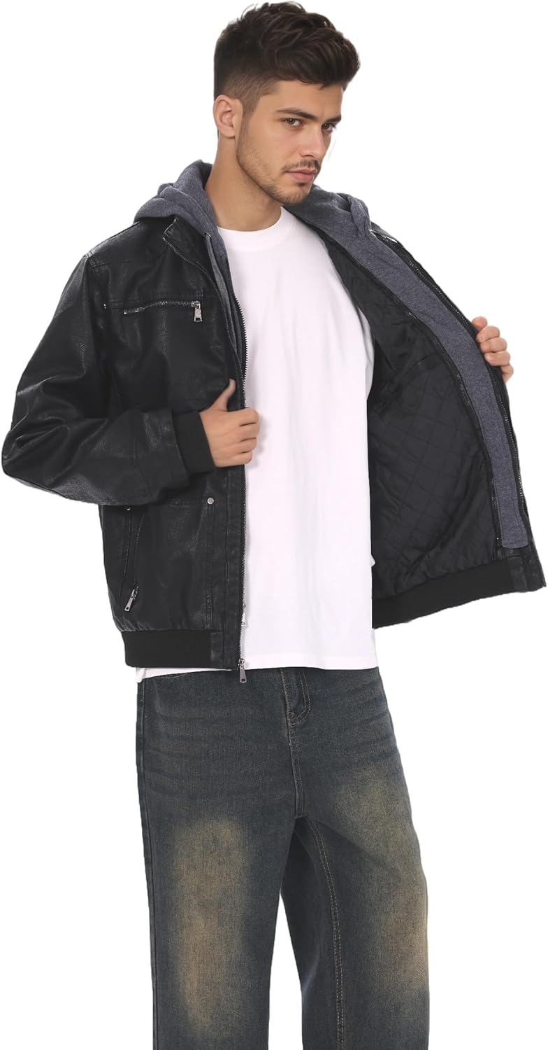 Men's Genuine Leather Jacket with Removable Hood