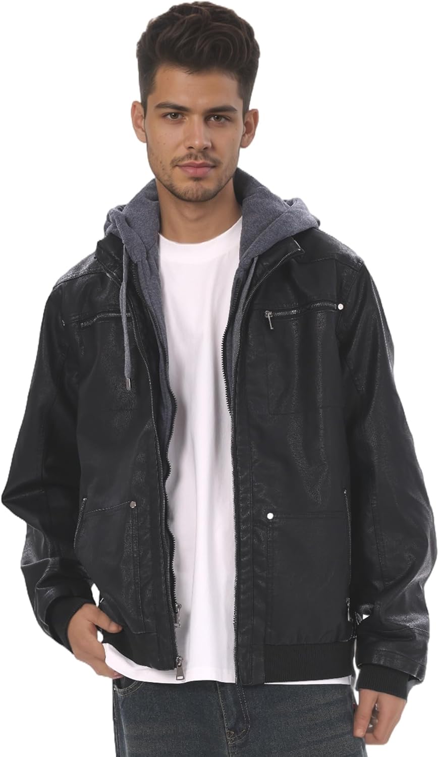 Men's Genuine Leather Jacket with Removable Hood