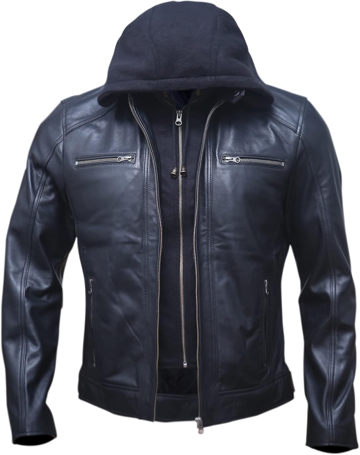 Artistry Mens Genuine Lambskin Leather Motorcycle Jacket with Removable Hood in Black Brown