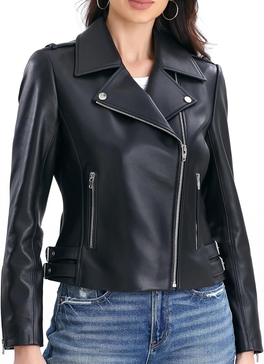 Lambskin Leather Jacket Women,Motorcycle Jacket,Asymmetrical Zip Style,Buckle Belts,Quilted Details