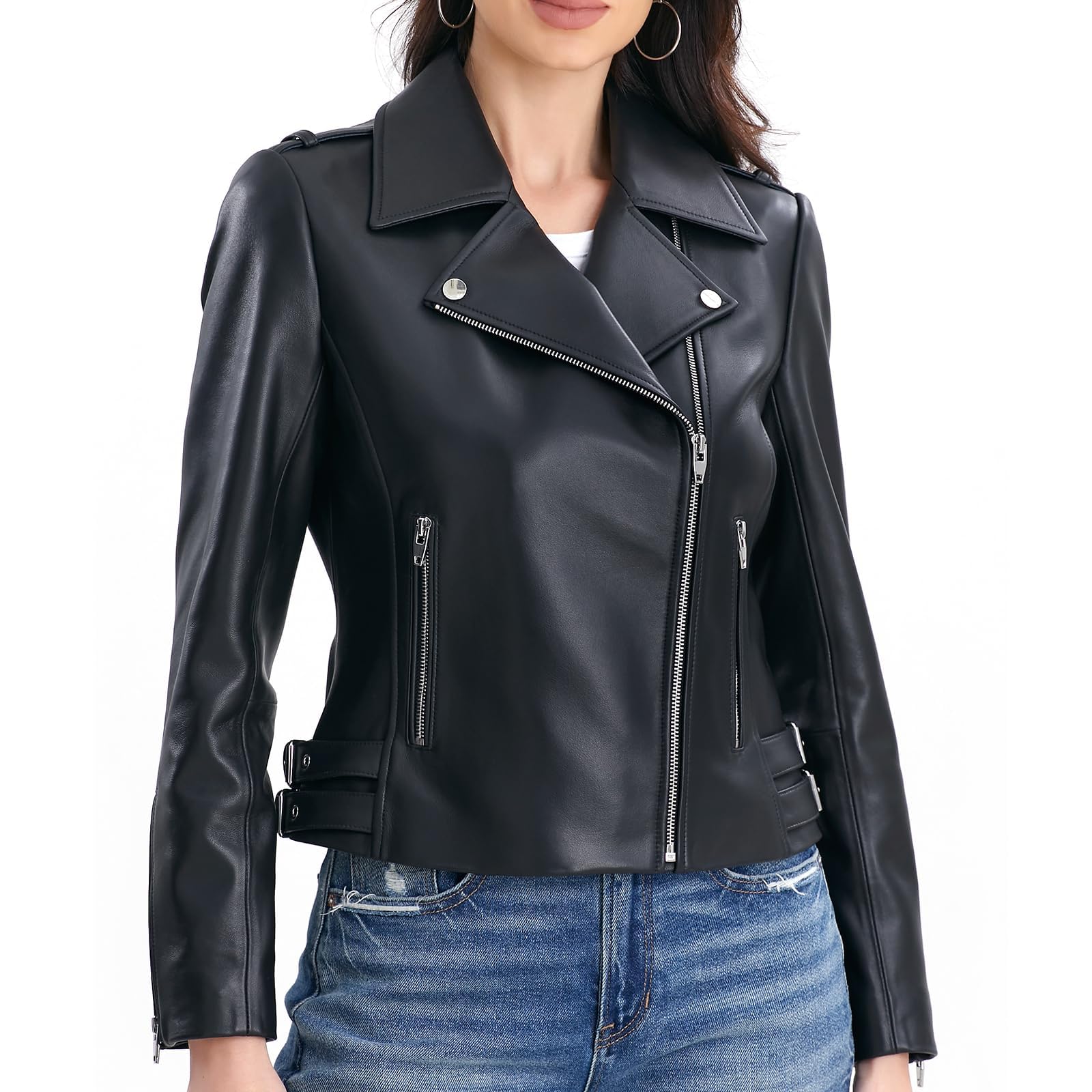 Lambskin Leather Jacket Women,Motorcycle Jacket,Asymmetrical Zip Style,Buckle Belts,Quilted Details