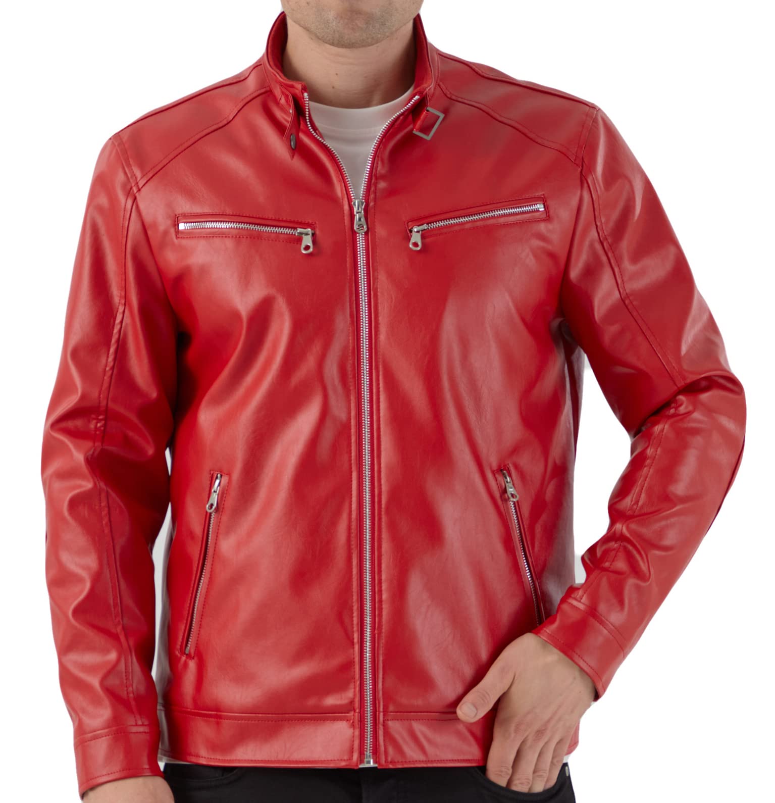 Men's Stand Collar Genuine Leather Jacket Motorcycle