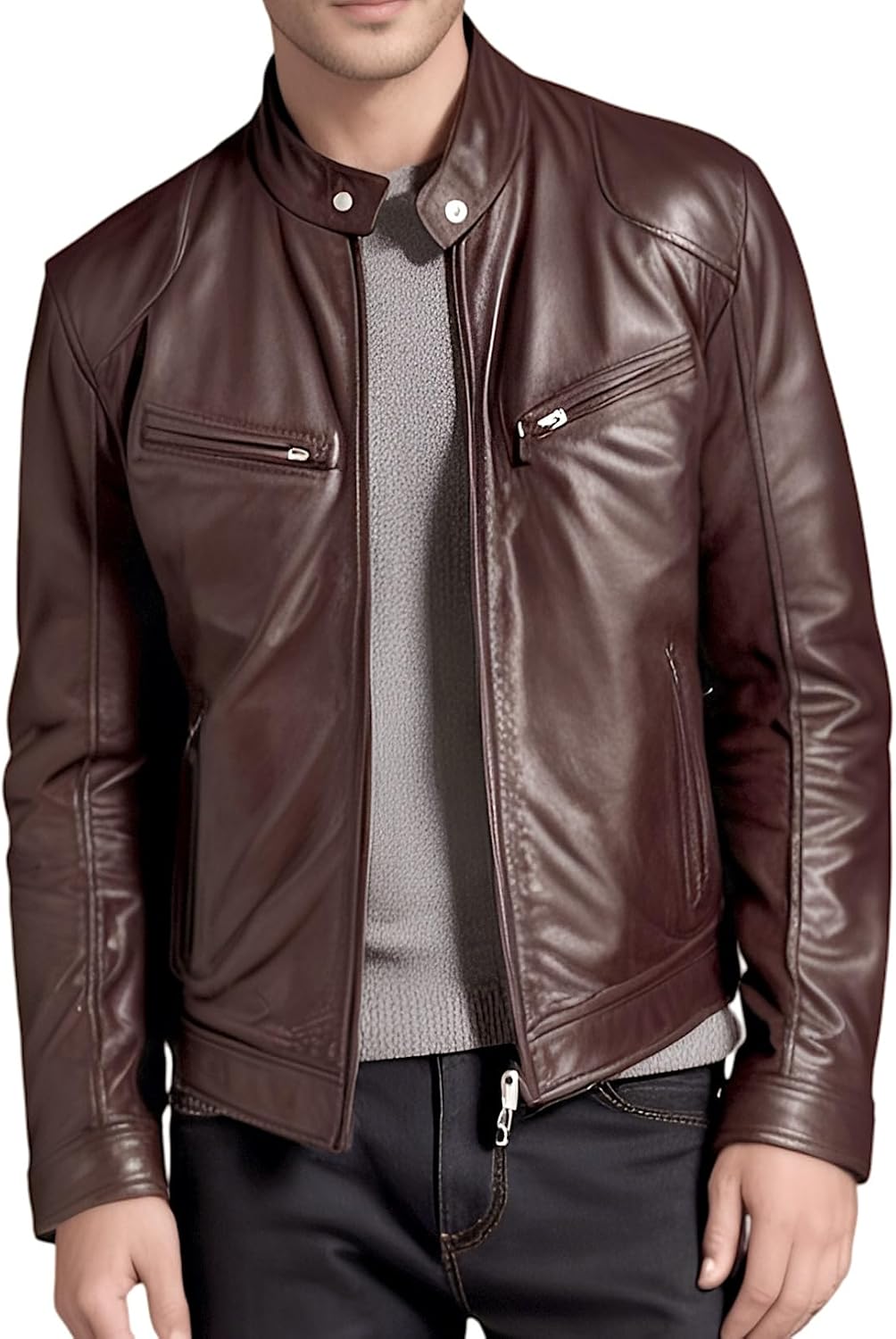 Mens Genuine Leather Jacket Cowhide Motorbike Motorcycle Moto-Jacket Real Leather Black/Brown
