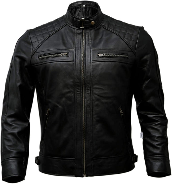 Mens Genuine Leather Biker Jacket Black | Vintage Brown Distressed Lambskin Motorcycle Jackets for Men