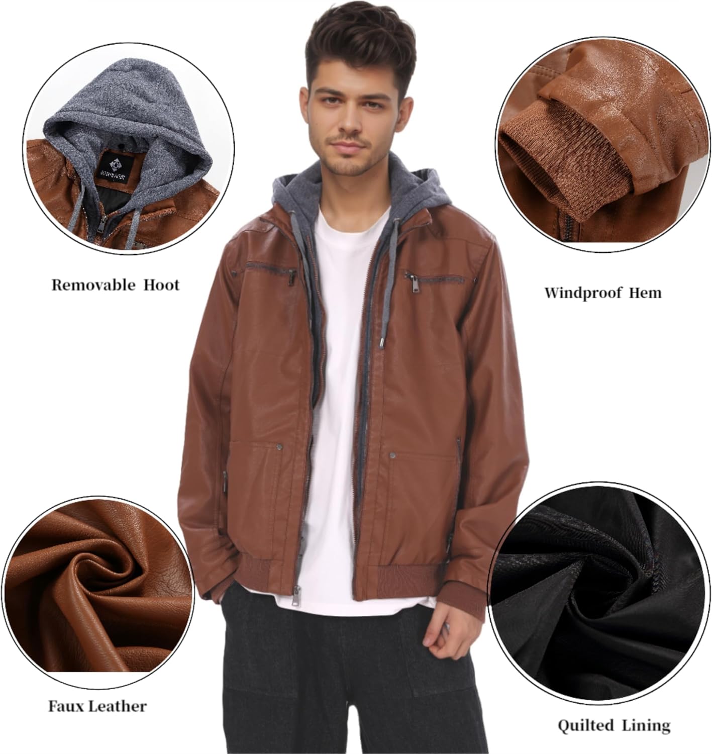 Men's Genuine Leather Jacket with Removable Hood