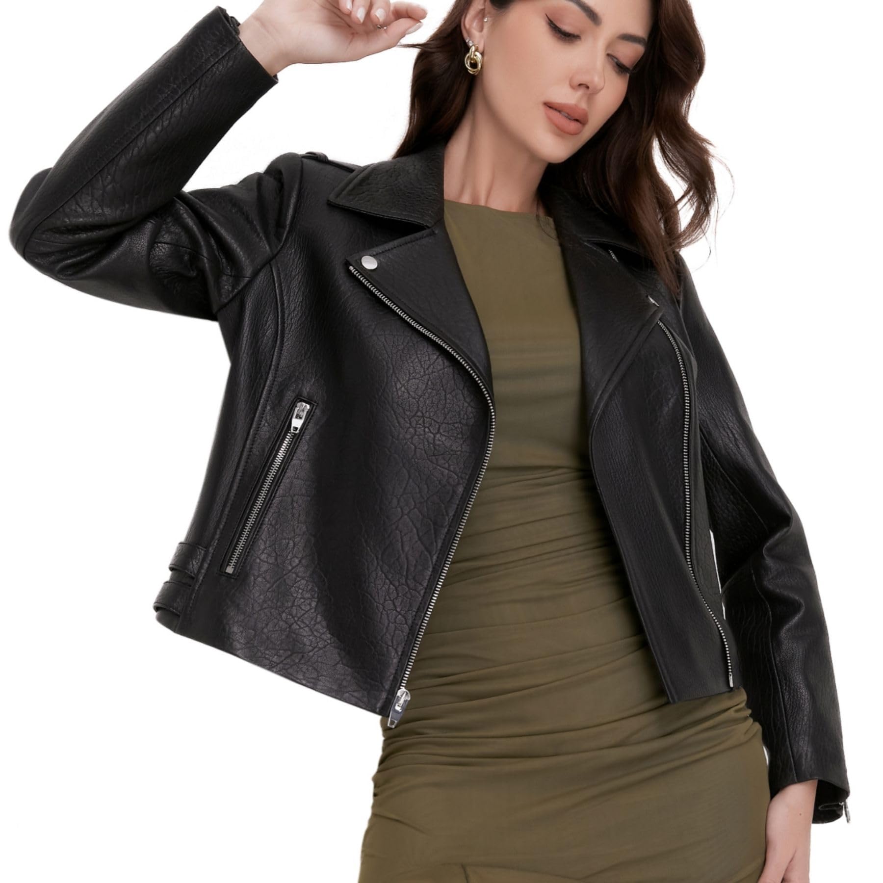 Lambskin Leather Jacket Women,Motorcycle Jacket,Asymmetrical Zip Style,Buckle Belts,Quilted Details