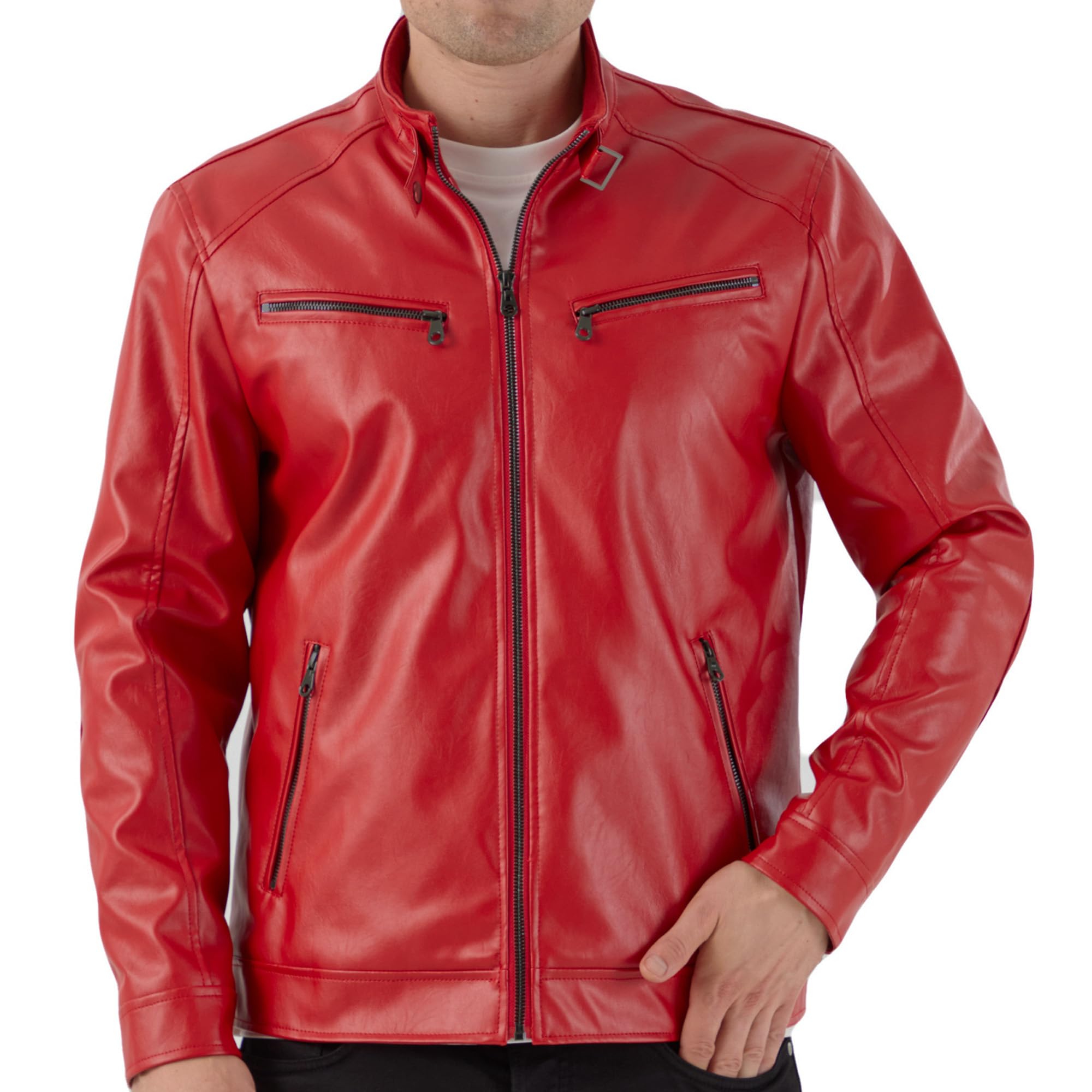 Men's Stand Collar Genuine Leather Jacket Motorcycle