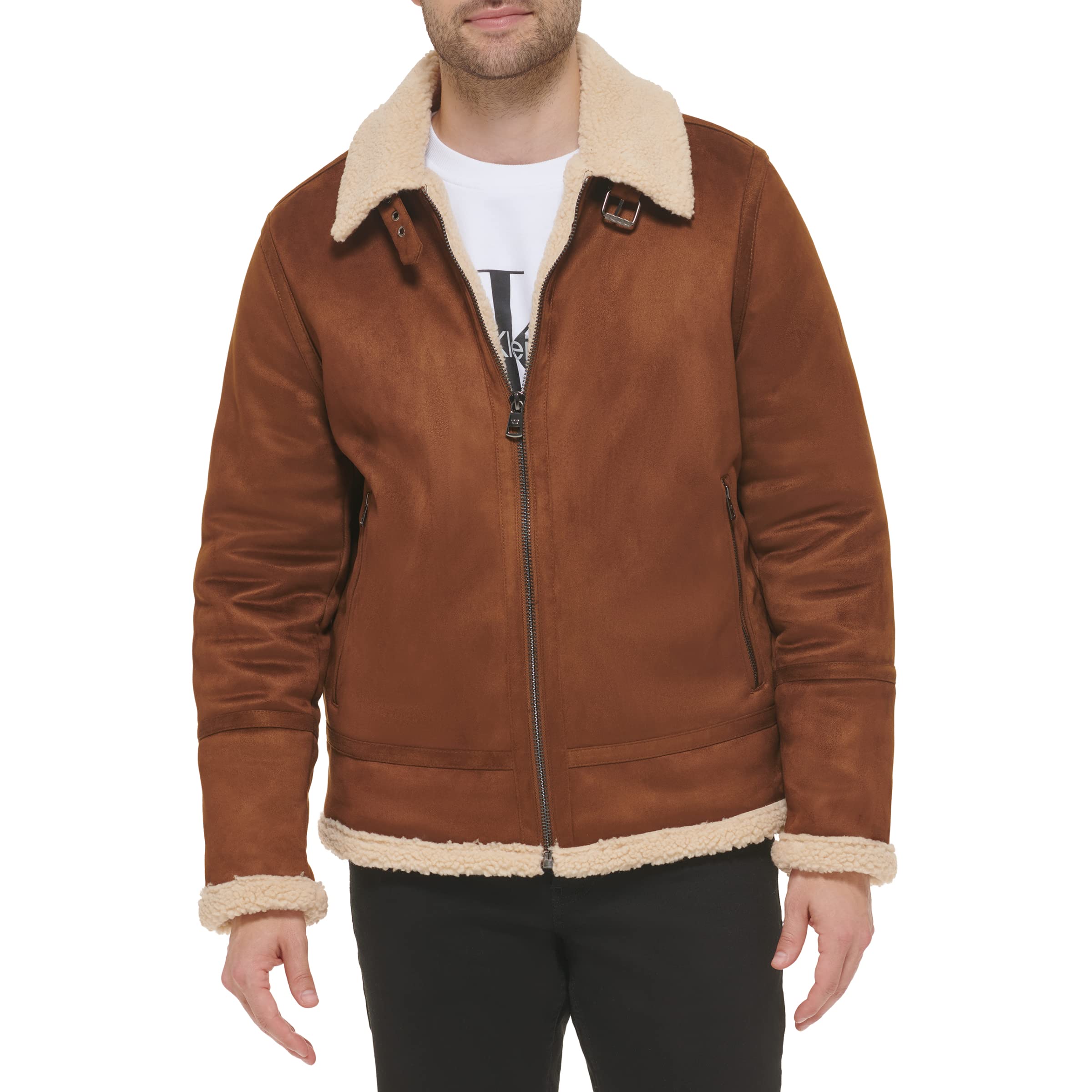 Calvin Klein Mens Faux Leather Jacket Men - Bomber Jacket With Shearling Lining