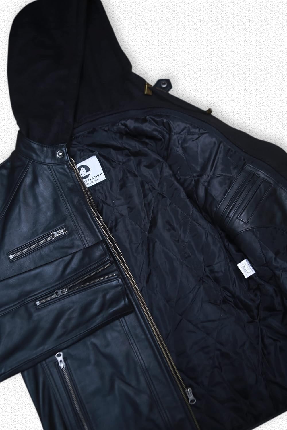 Artistry Mens Genuine Lambskin Leather Motorcycle Jacket with Removable Hood in Black Brown