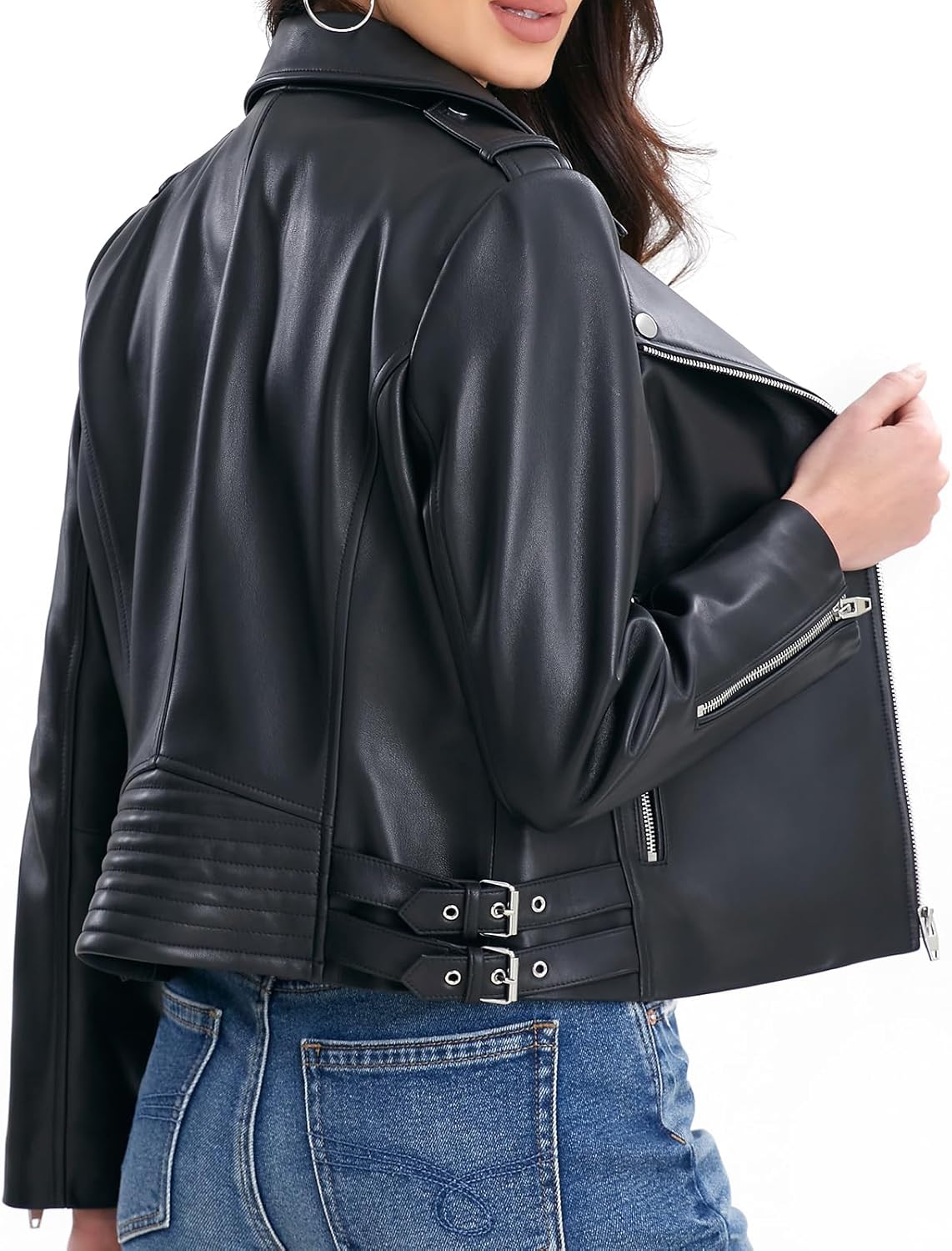 Lambskin Leather Jacket Women,Motorcycle Jacket,Asymmetrical Zip Style,Buckle Belts,Quilted Details