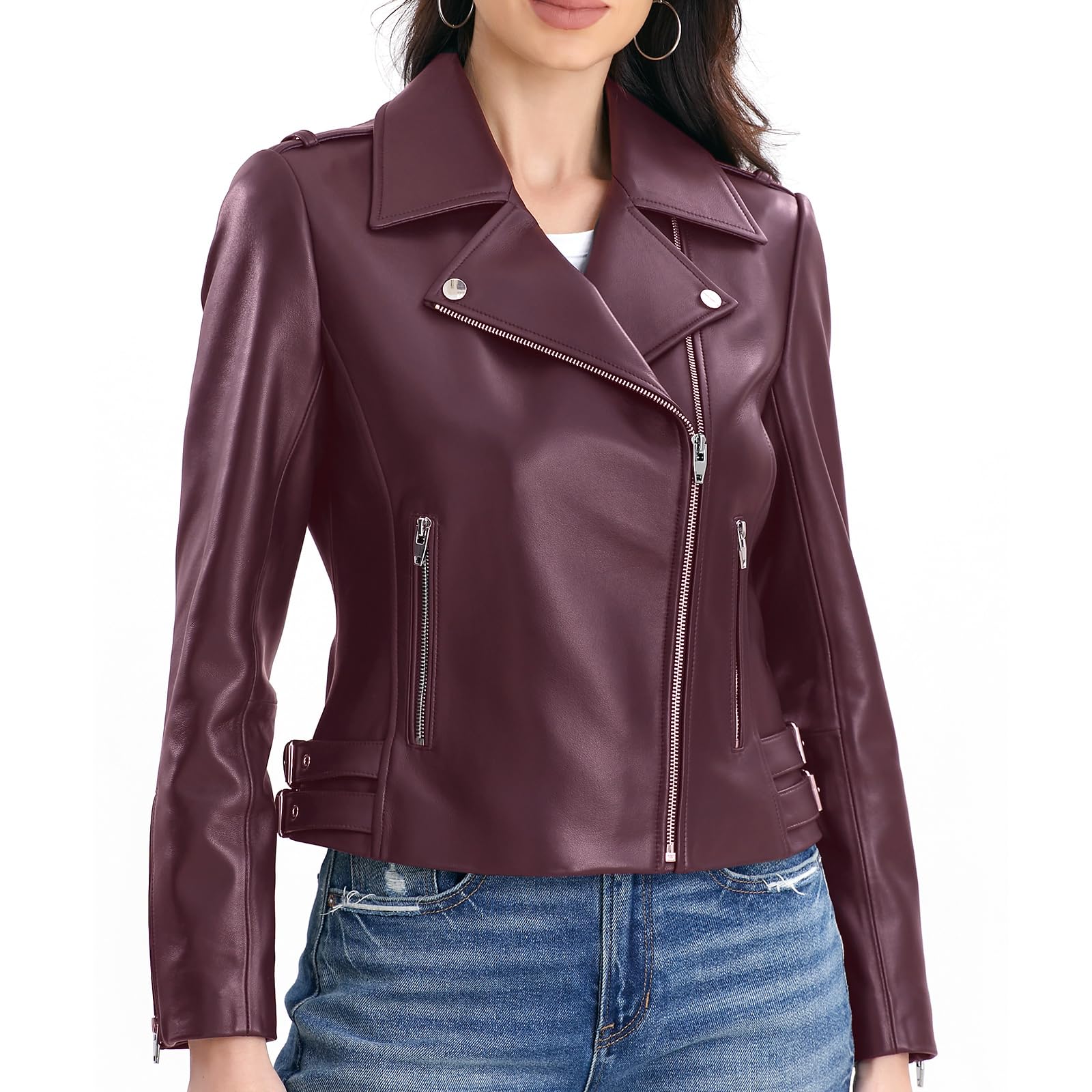 Lambskin Leather Jacket Women,Motorcycle Jacket,Asymmetrical Zip Style,Buckle Belts,Quilted Details