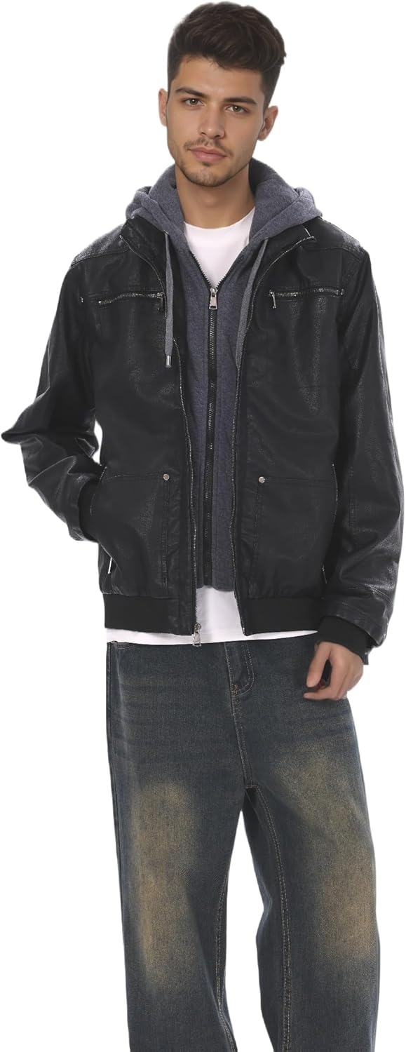 Men's Genuine Leather Jacket with Removable Hood