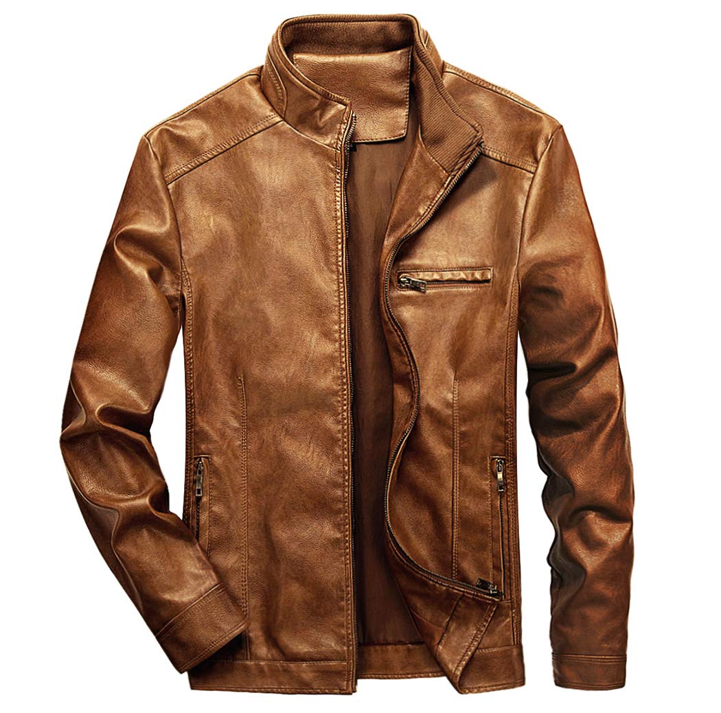 Men's Stand Collar Genuine Leather Jacket Motorcycle