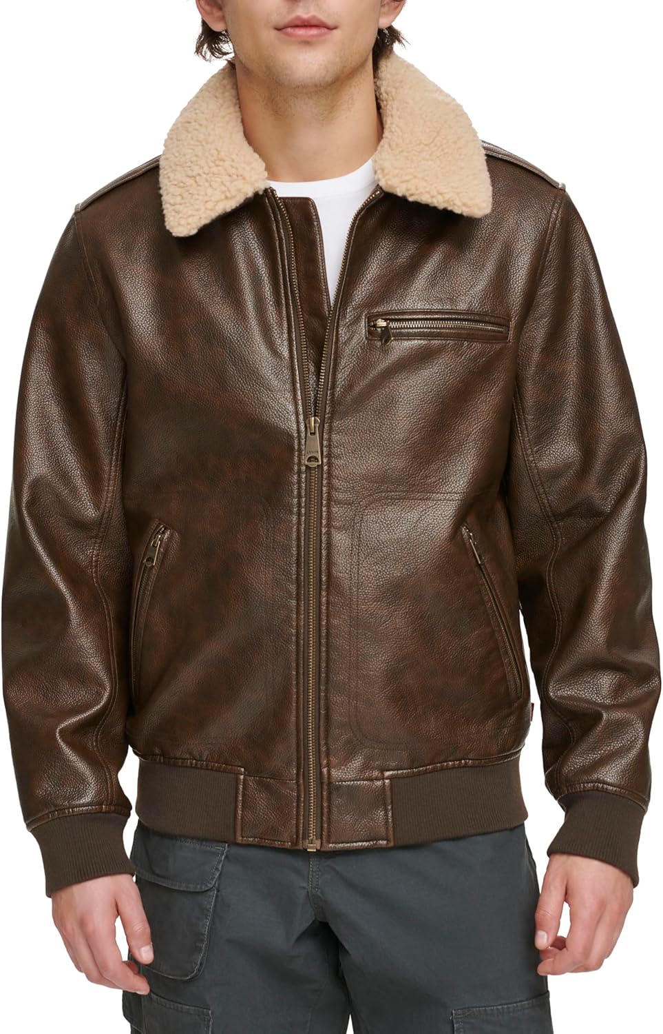 Levi's mens Levi's Men's Faux Leather Aviator Bomber Jacket With Sherpa Collar