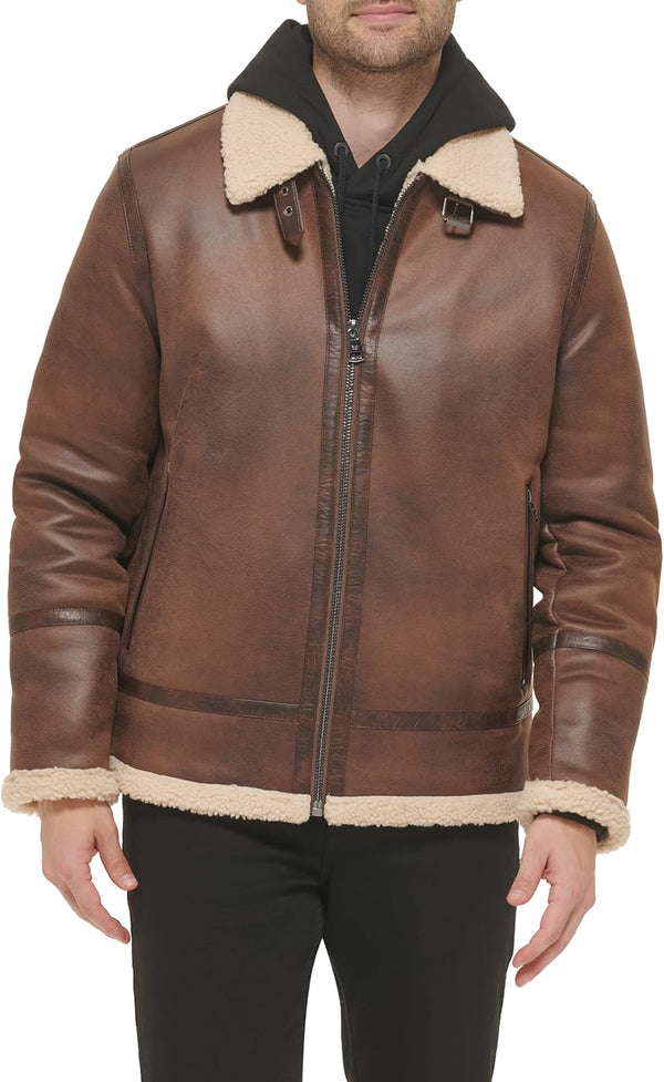 Calvin Klein Mens Faux Leather Jacket Men - Bomber Jacket With Shearling Lining