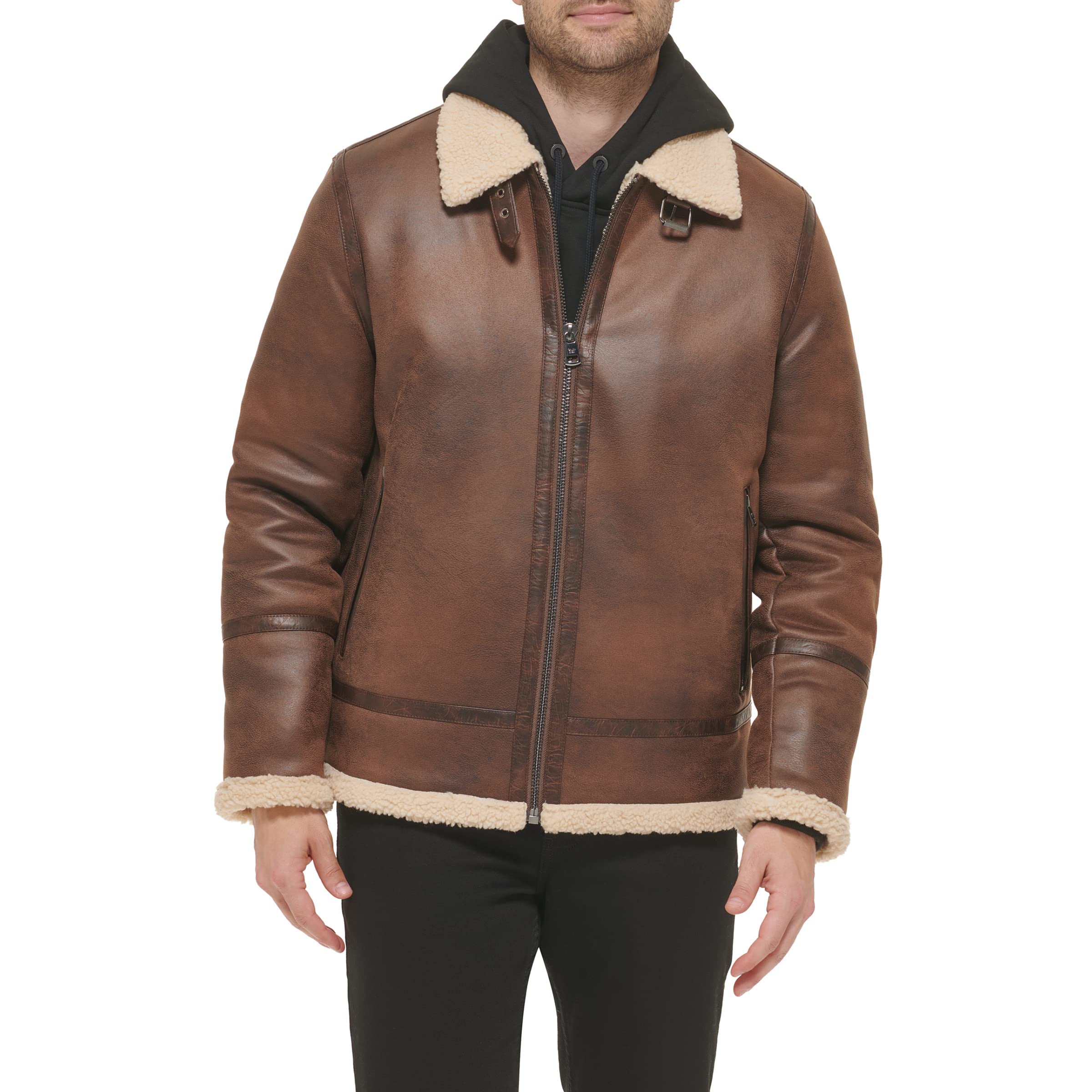 Calvin Klein Mens Faux Leather Jacket Men - Bomber Jacket With Shearling Lining