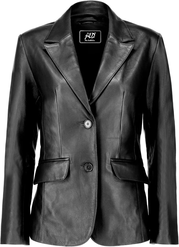 Jild Classic 2-Button Lambskin Leather Blazer Women - Casual Coat Long Sleeves Suit Style Leather Jacket Women