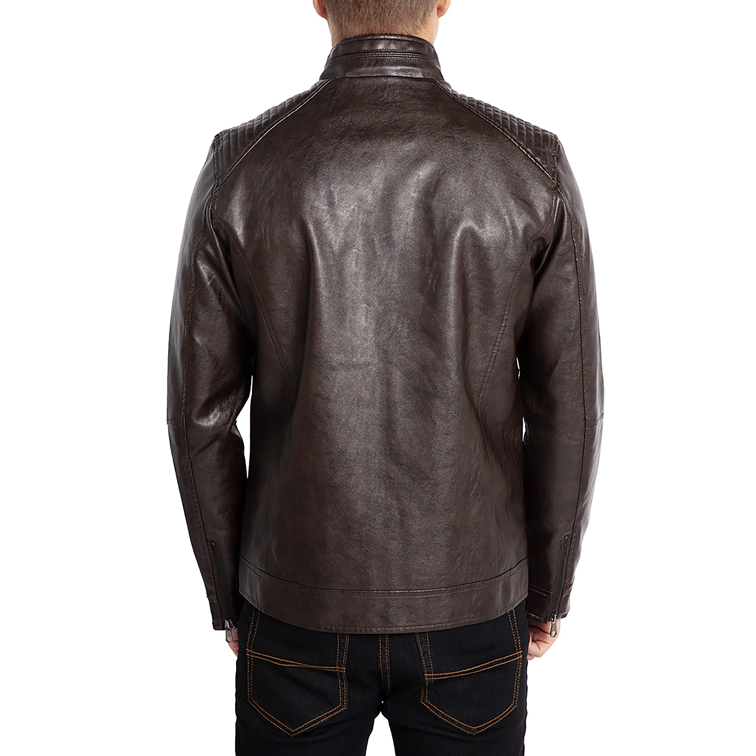 Men's Stand Collar Genuine Leather Jacket Motorcycle