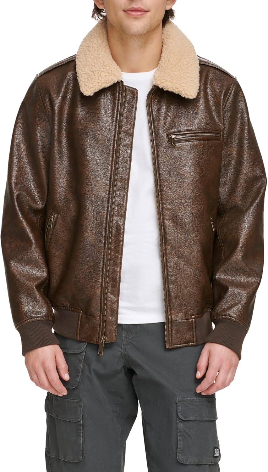 Levi's mens Levi's Men's Faux Leather Aviator Bomber Jacket With Sherpa Collar