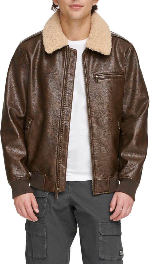 Levi's mens Levi's Men's Faux Leather Aviator Bomber Jacket With Sherpa Collar